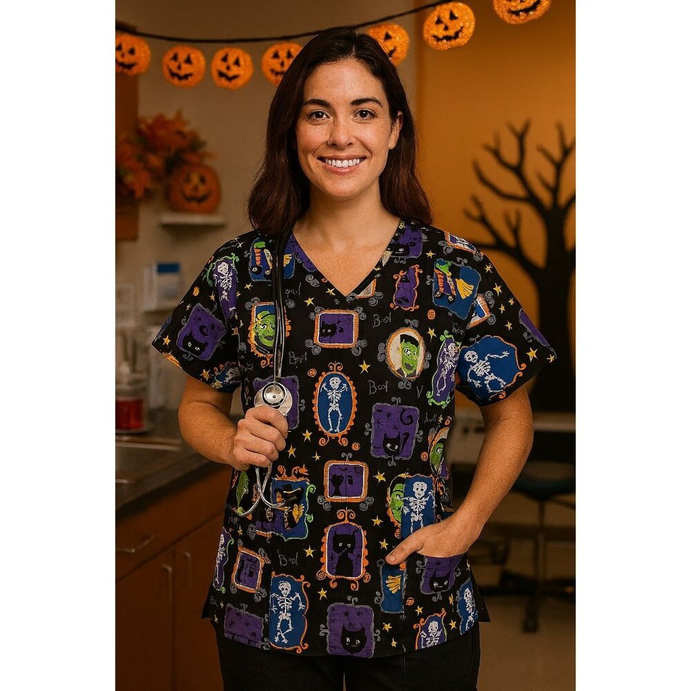 SB Scrubs Halloween Print Top L Witch Skeleton Cat Bat Pumpkin Nurse Shirt